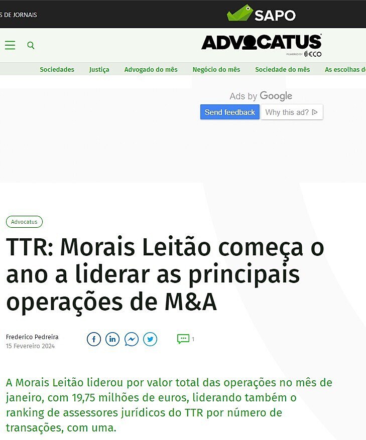 TTR: Morais Leitão começa o ano a liderar as principais operações de M&A